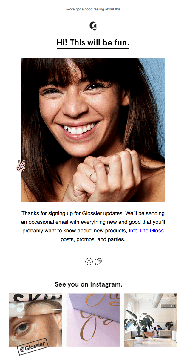 welcome email example of online brand glossier
